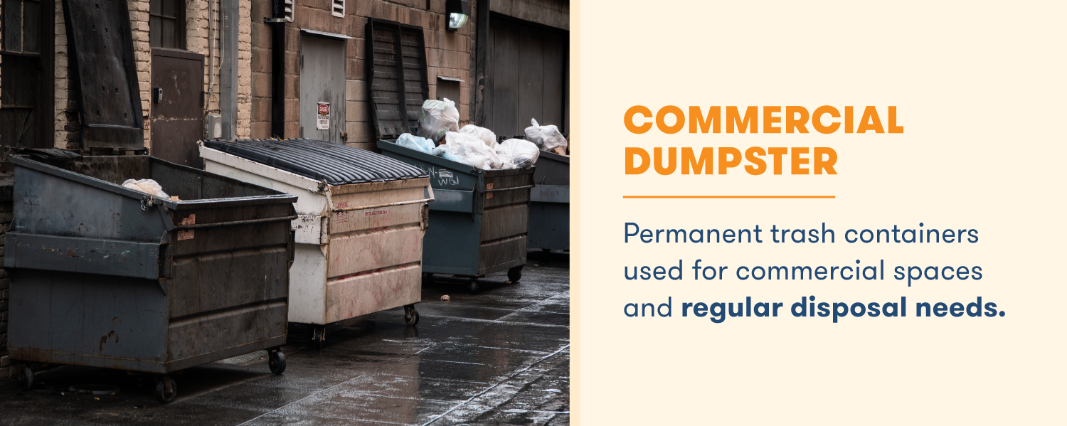 A commercial dumpster is a permanent trash container with regular disposal needs. It is used in commercial and business spaces.