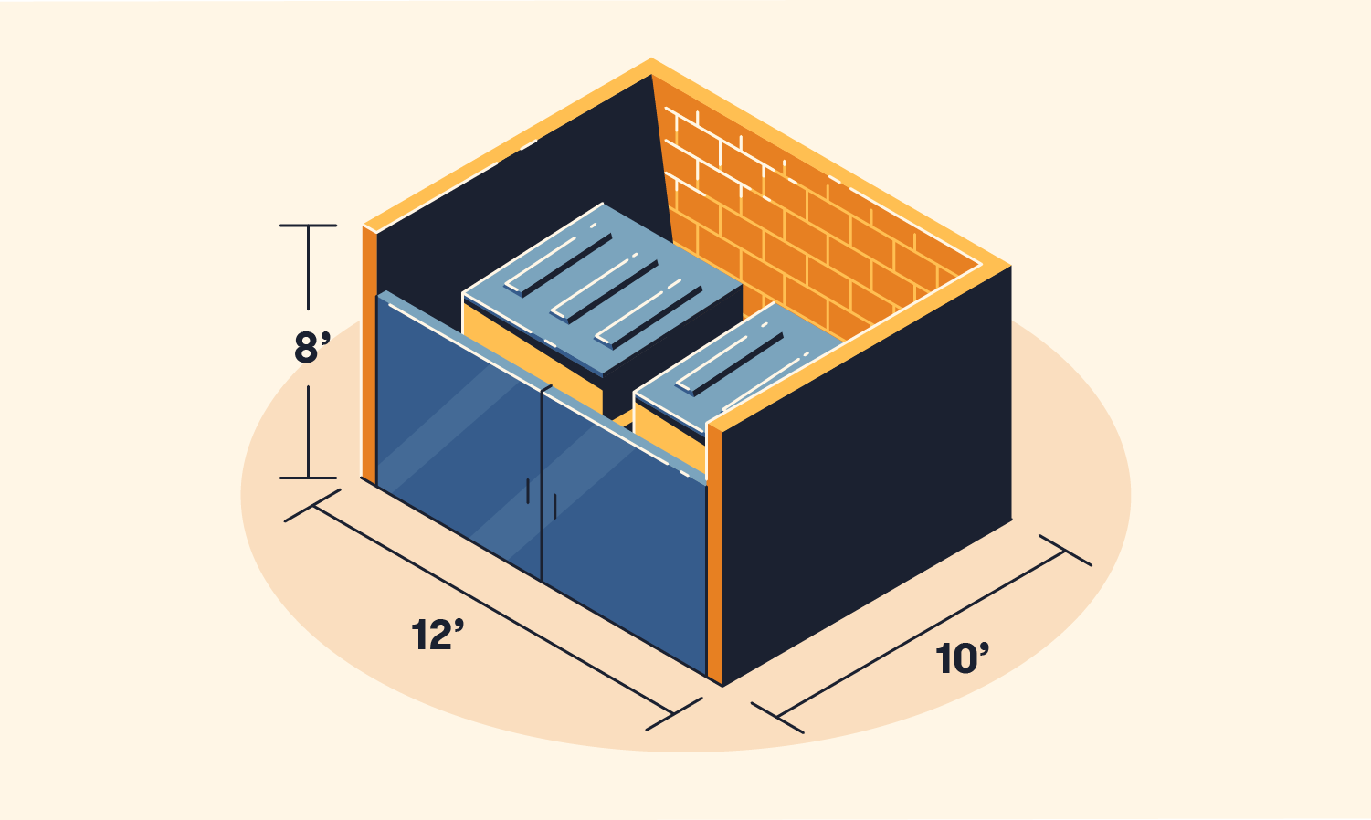 illustrated 10 by 12 by 8 foot enclosure